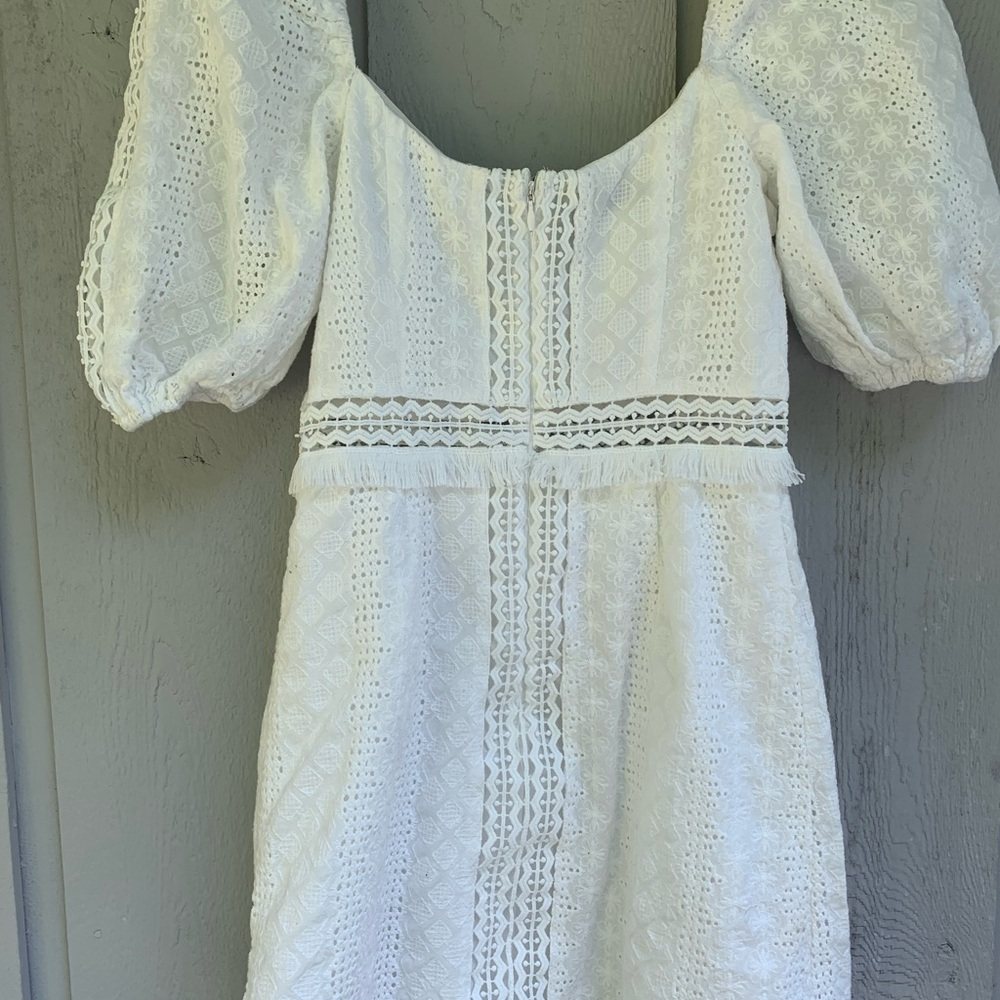 ESTHER White Lace Puff Sleeve Lined Mini Dress Sz S/8 Elegant Eyelet - Picture 14 of 16